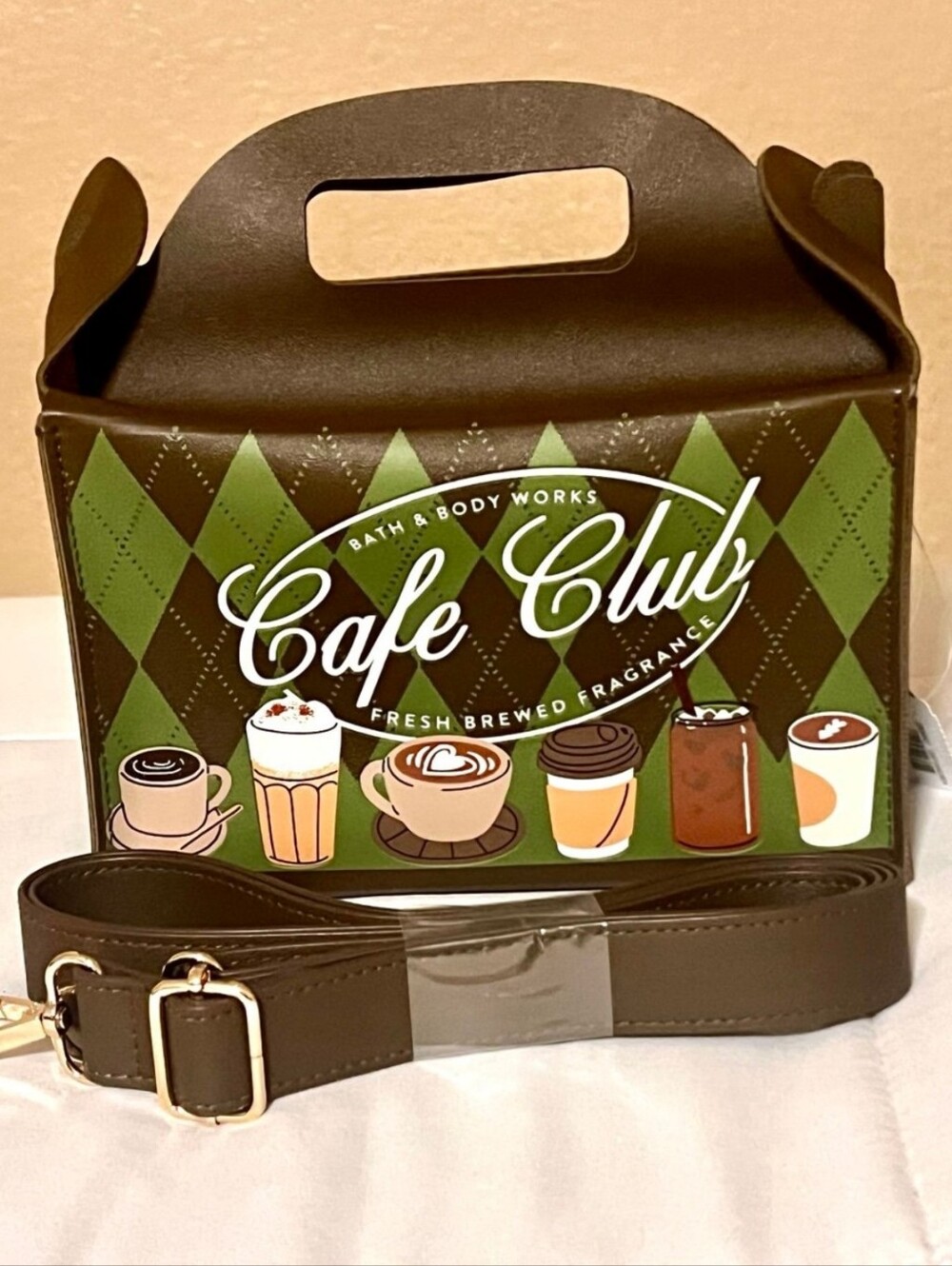 Bath & Body Works Brown & Green Fall Cafe Club Crossbody Tote Bag NEW RARE